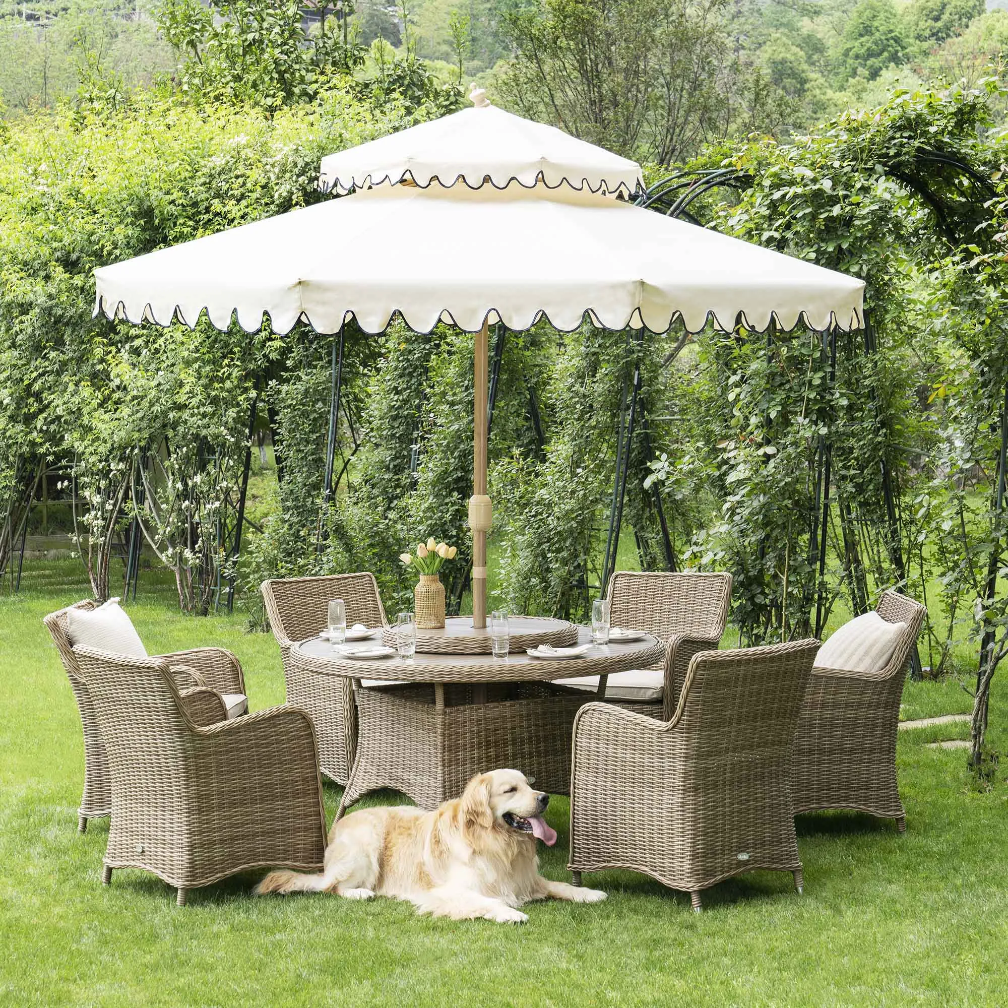 Hampshire 6-Seater Round Wicker Rattan Dining Set with Lazy Susan & Ice Bucket, Natural