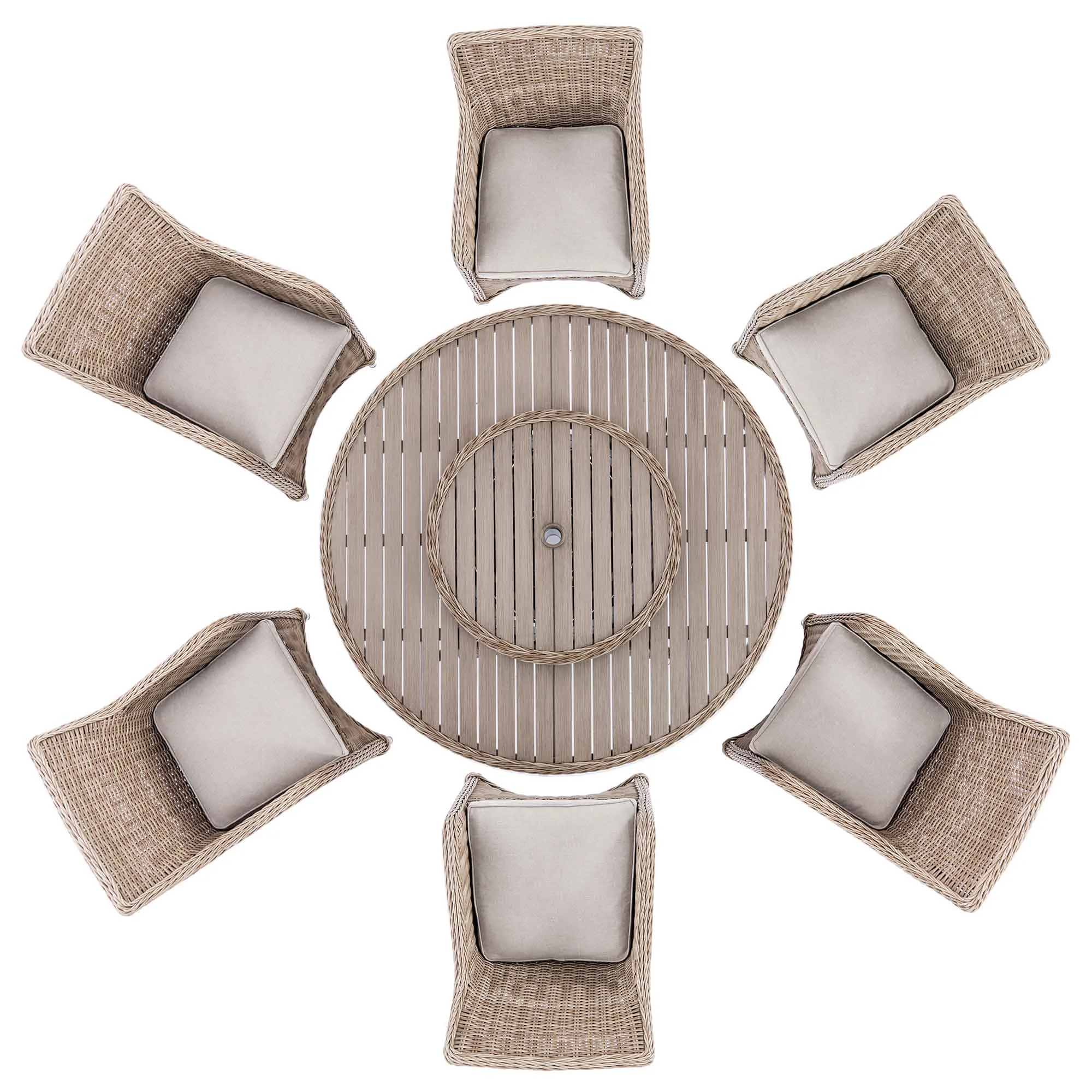 Hampshire 6-Seater Round Wicker Rattan Dining Set with Lazy Susan & Ice Bucket, Natural