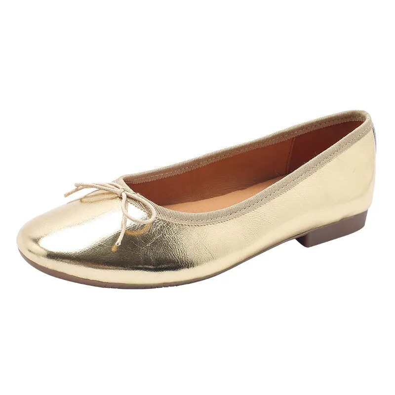 Handmade Soft Leather Flats With Bowknot Details in Golden/Silver/Black