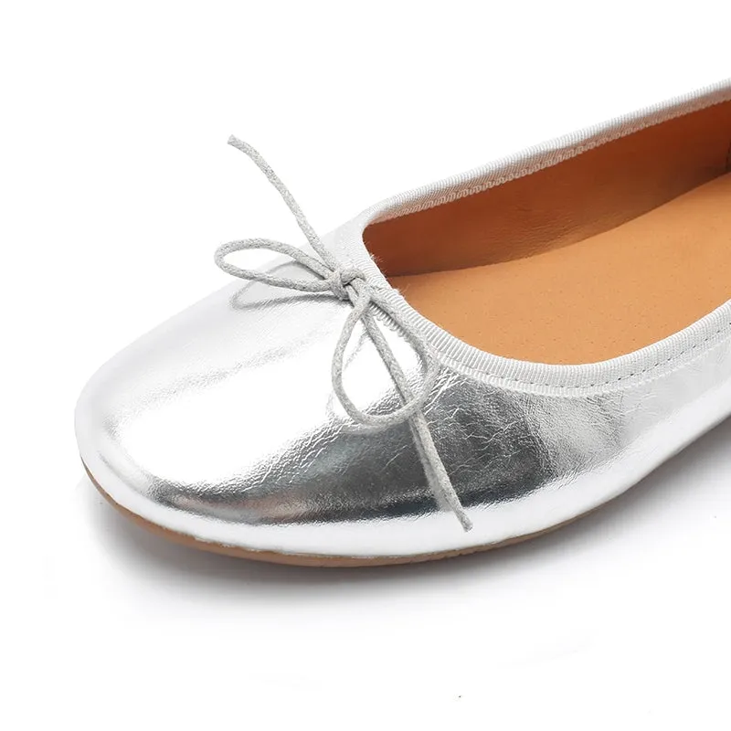 Handmade Soft Leather Flats With Bowknot Details in Golden/Silver/Black