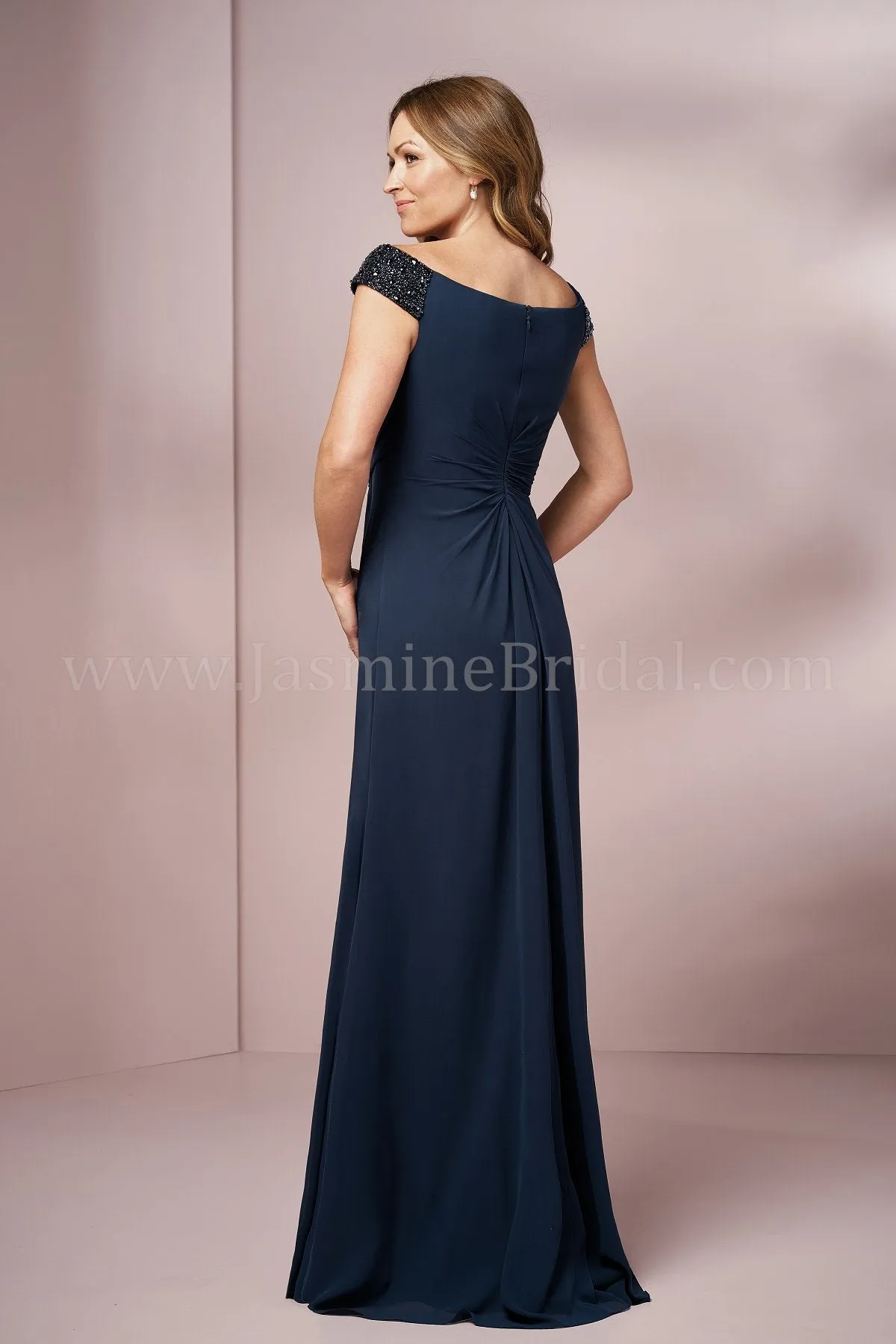 Jasmine J205003 Long Portrait Neckline Jade Chiffon MOB Dress