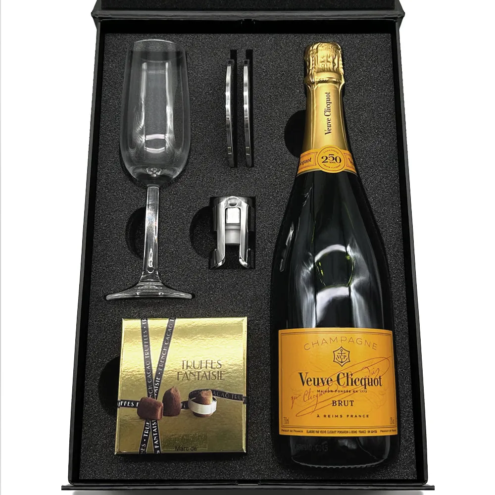 Luxury Champagne Gift Set Includes Bottle, Champagne Flute, Pewter Bottle Sealer, Pewter Coasters & Truffles