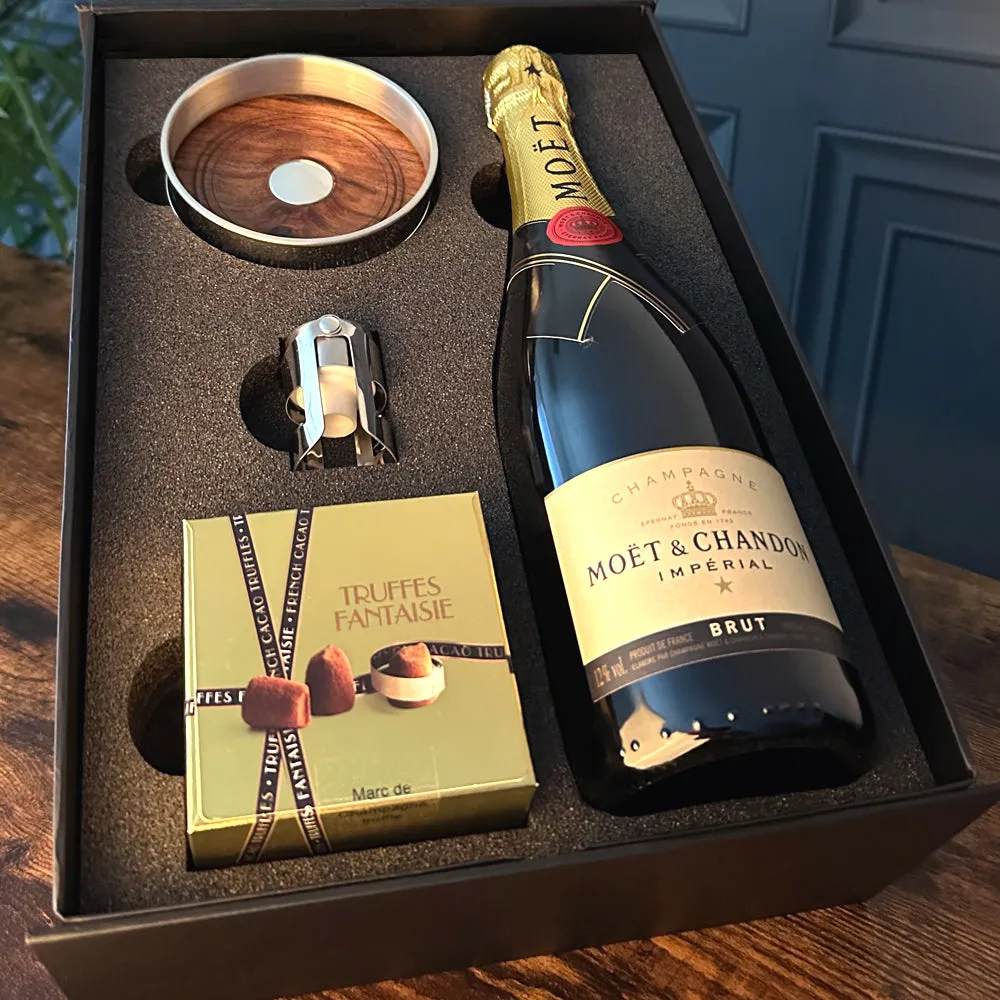 Luxury Champagne Gift Set Includes Bottle, Pewter Bottle Coaster, Pewter Bottle Sealer & Truffles