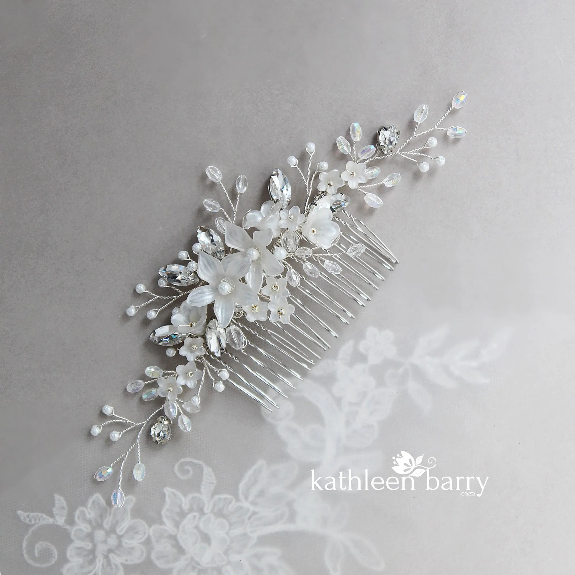 Natalia Floral Spray Crystal, Pearl & Rhinestone Comb - Color options available