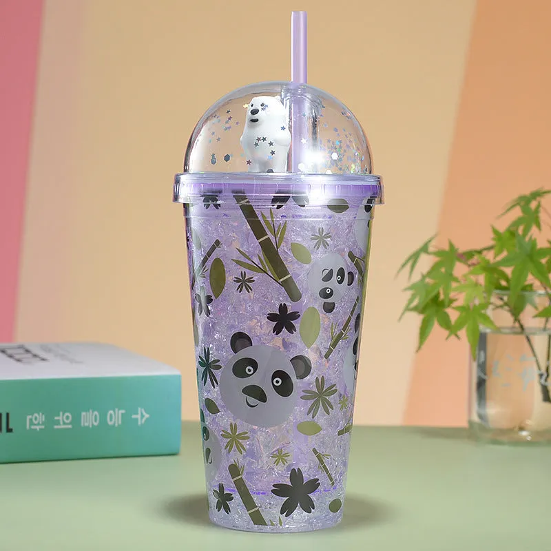 Panda Tumbler with Straw- Double Layer Plastic Cup for Girls