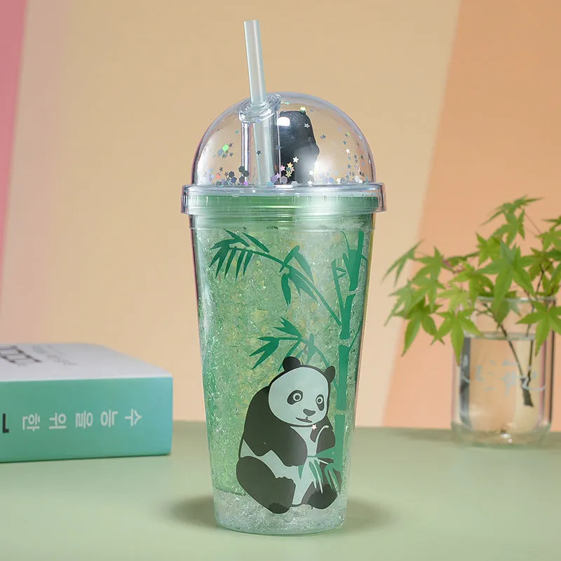 Panda Tumbler with Straw- Double Layer Plastic Cup for Girls