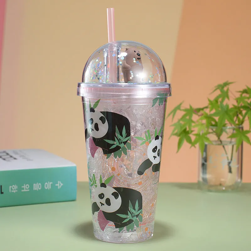 Panda Tumbler with Straw- Double Layer Plastic Cup for Girls