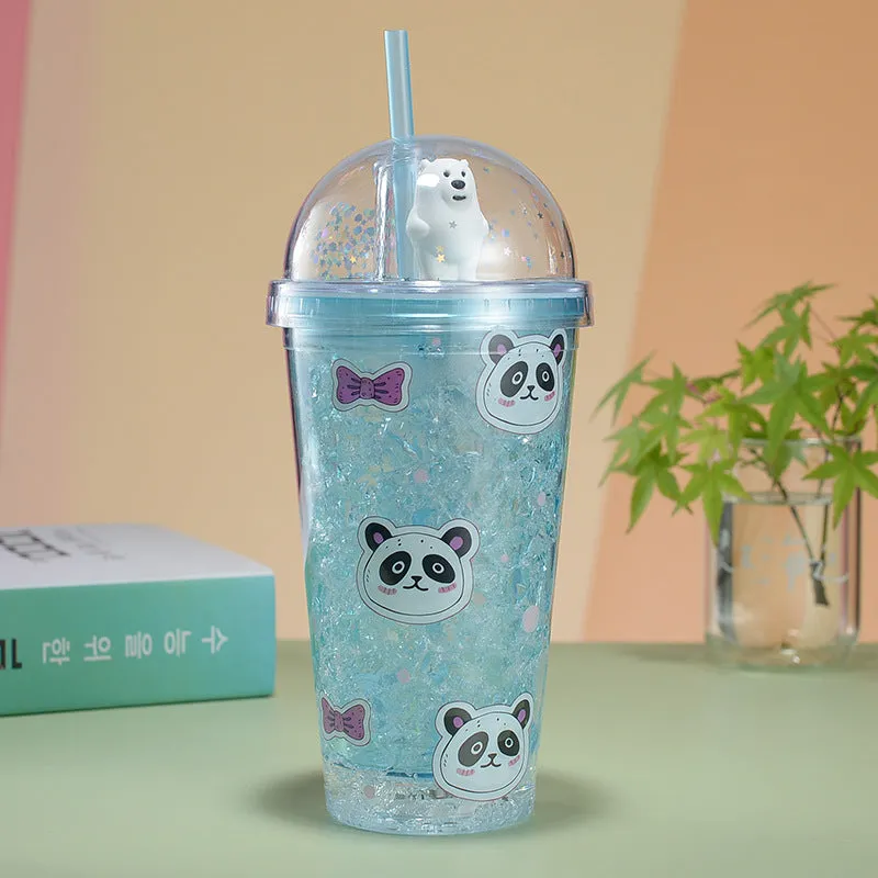 Panda Tumbler with Straw- Double Layer Plastic Cup for Girls