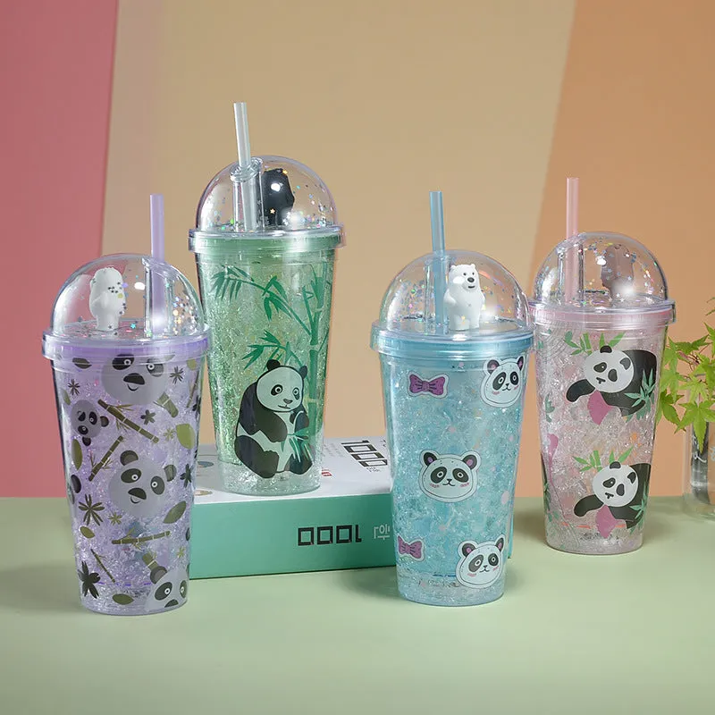 Panda Tumbler with Straw- Double Layer Plastic Cup for Girls