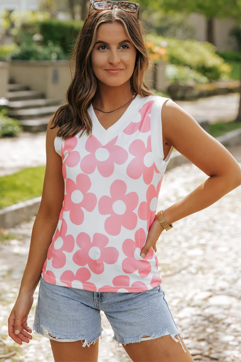 Pink Cute Flower Knitted V Neck Tank Top