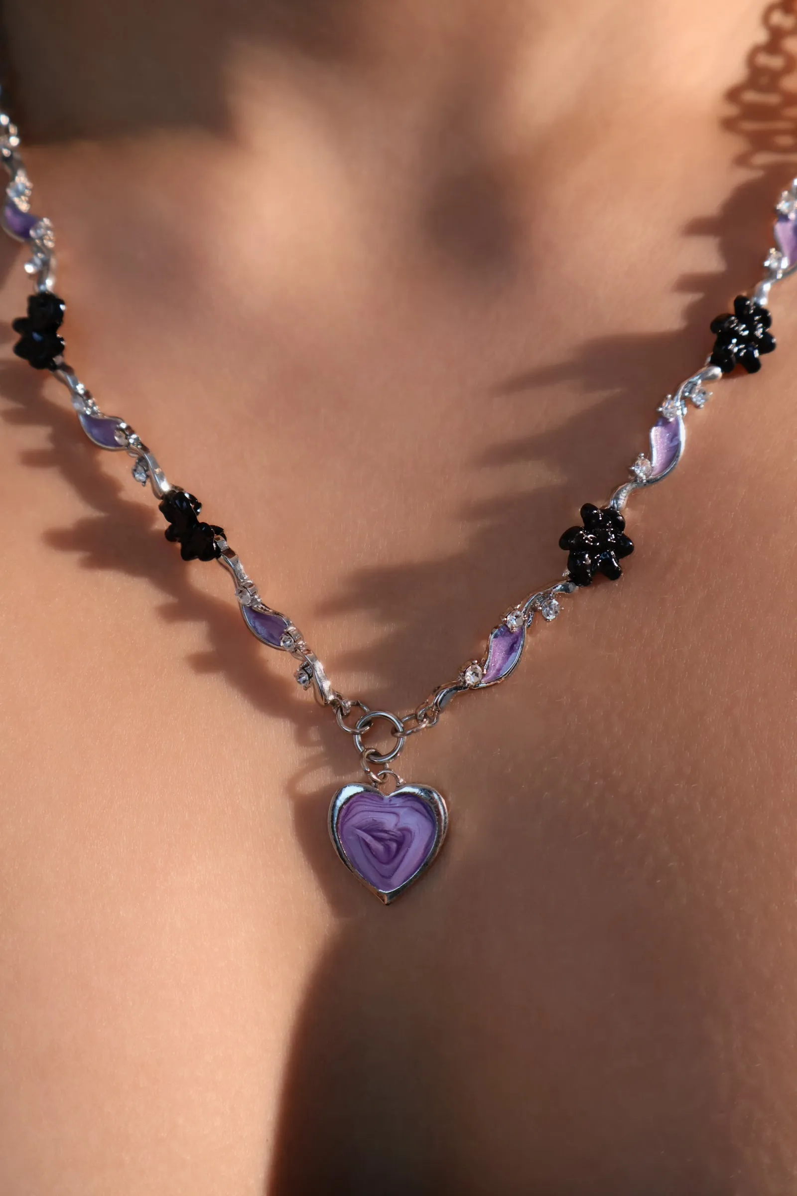 Purple Heart Multi Black Flower Necklace