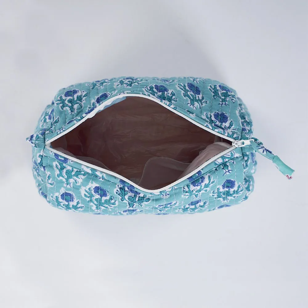 Quilted Makeup Pouch / Utility Pouch Set Of 2 - Hand Printed In Blue Floral Pattern | Portable Toiletry Bag For Travel