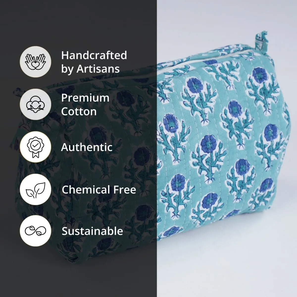 Quilted Makeup Pouch / Utility Pouch Set Of 2 - Hand Printed In Blue Floral Pattern | Portable Toiletry Bag For Travel