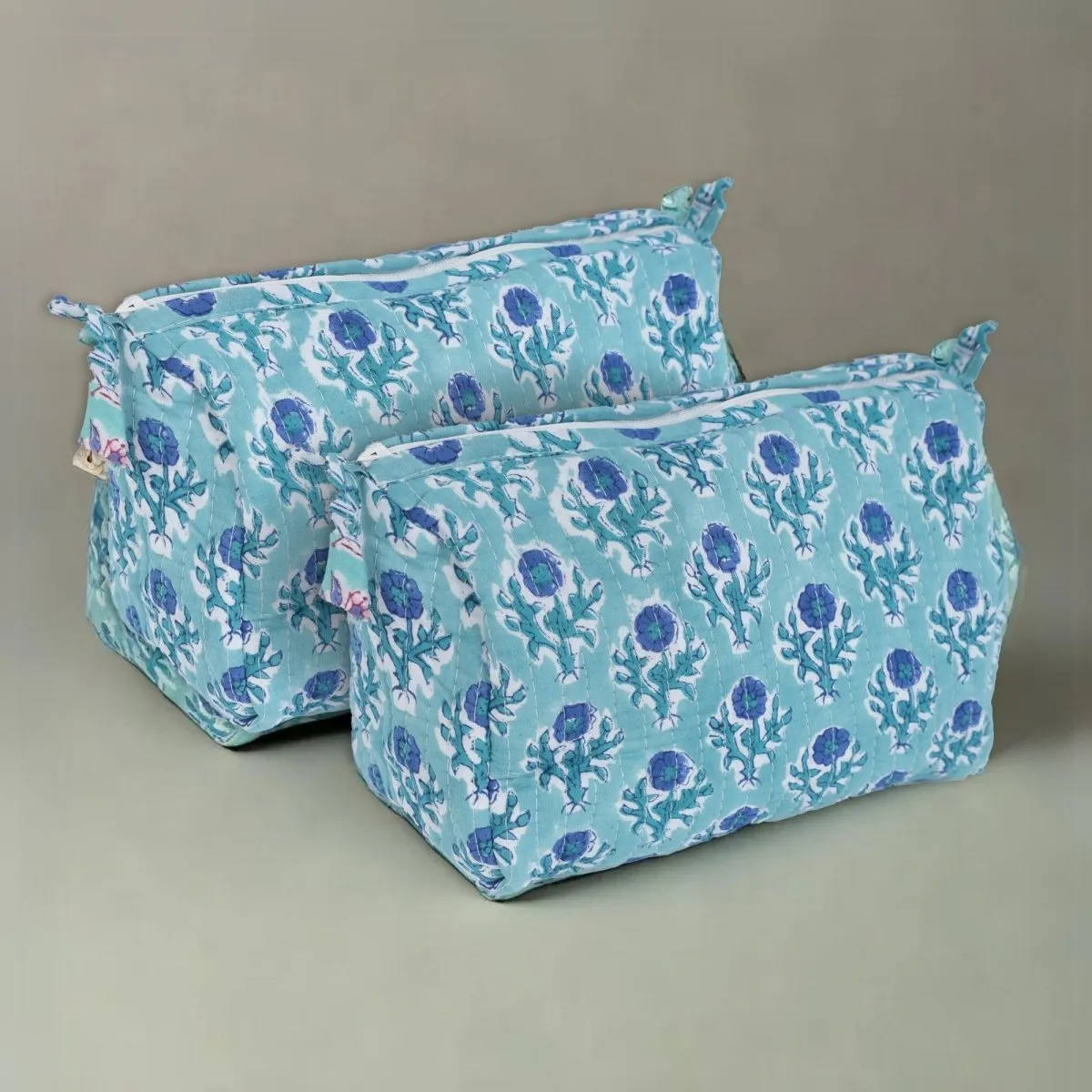 Quilted Makeup Pouch / Utility Pouch Set Of 2 - Hand Printed In Blue Floral Pattern | Portable Toiletry Bag For Travel