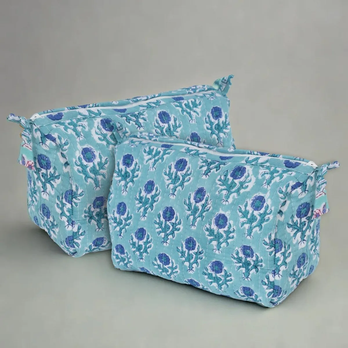 Quilted Makeup Pouch / Utility Pouch Set Of 2 - Hand Printed In Blue Floral Pattern | Portable Toiletry Bag For Travel