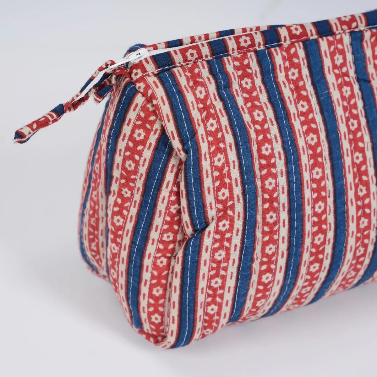 Quilted Makeup Pouch / Utility Pouch Set Of 3 - Hand Printed In Red & Blue | Portable Toiletry Bag For Travel