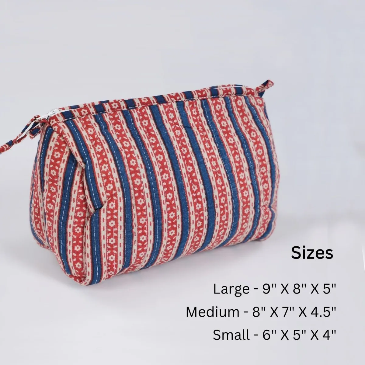 Quilted Makeup Pouch / Utility Pouch Set Of 3 - Hand Printed In Red & Blue | Portable Toiletry Bag For Travel