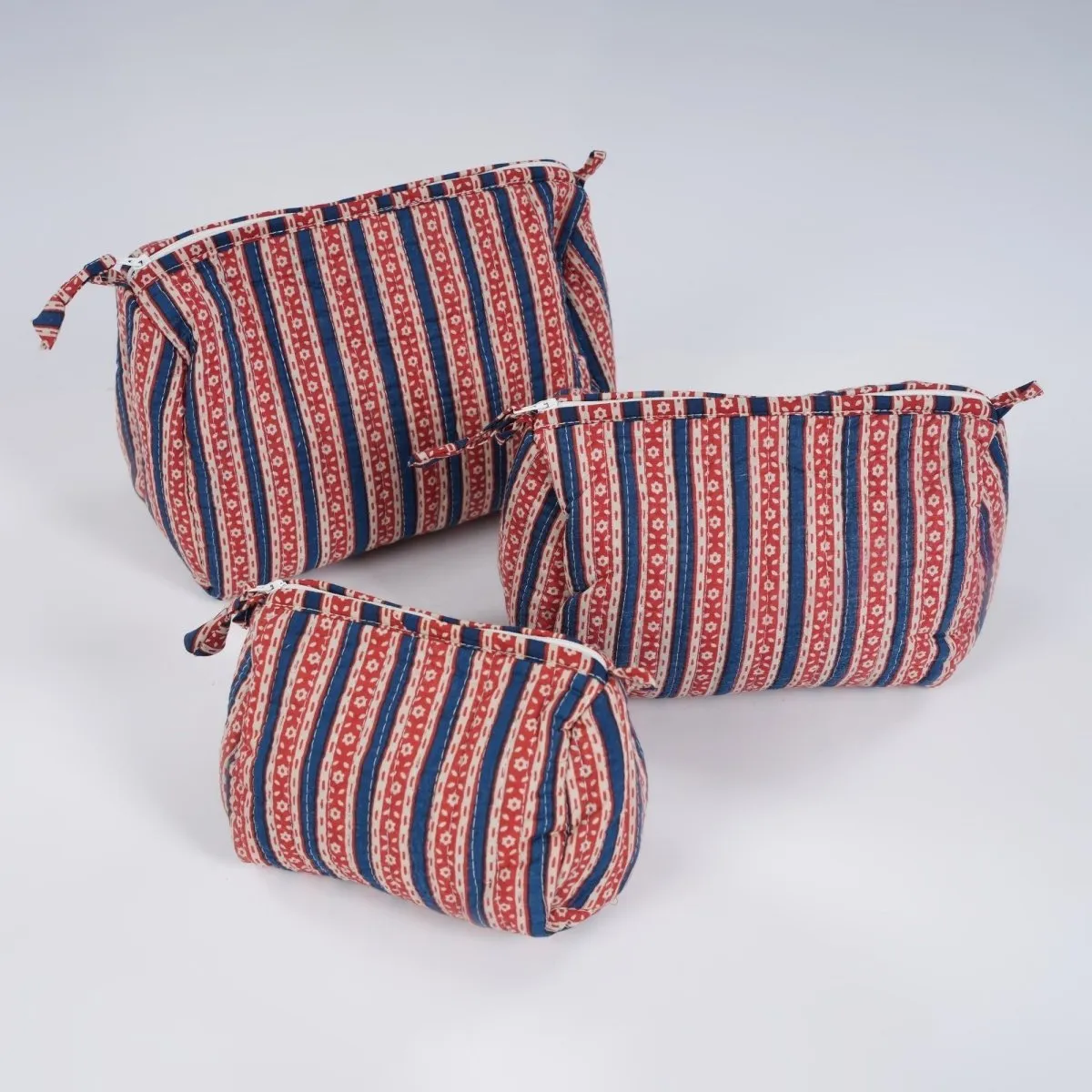 Quilted Makeup Pouch / Utility Pouch Set Of 3 - Hand Printed In Red & Blue | Portable Toiletry Bag For Travel