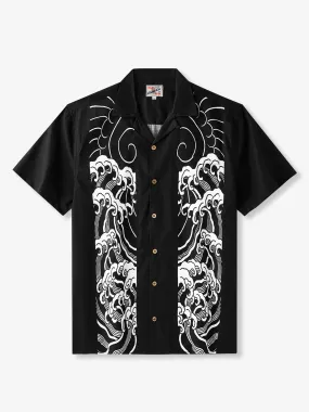 Retro Ukiyo-e Wave Design Cotton Bowling Shirt