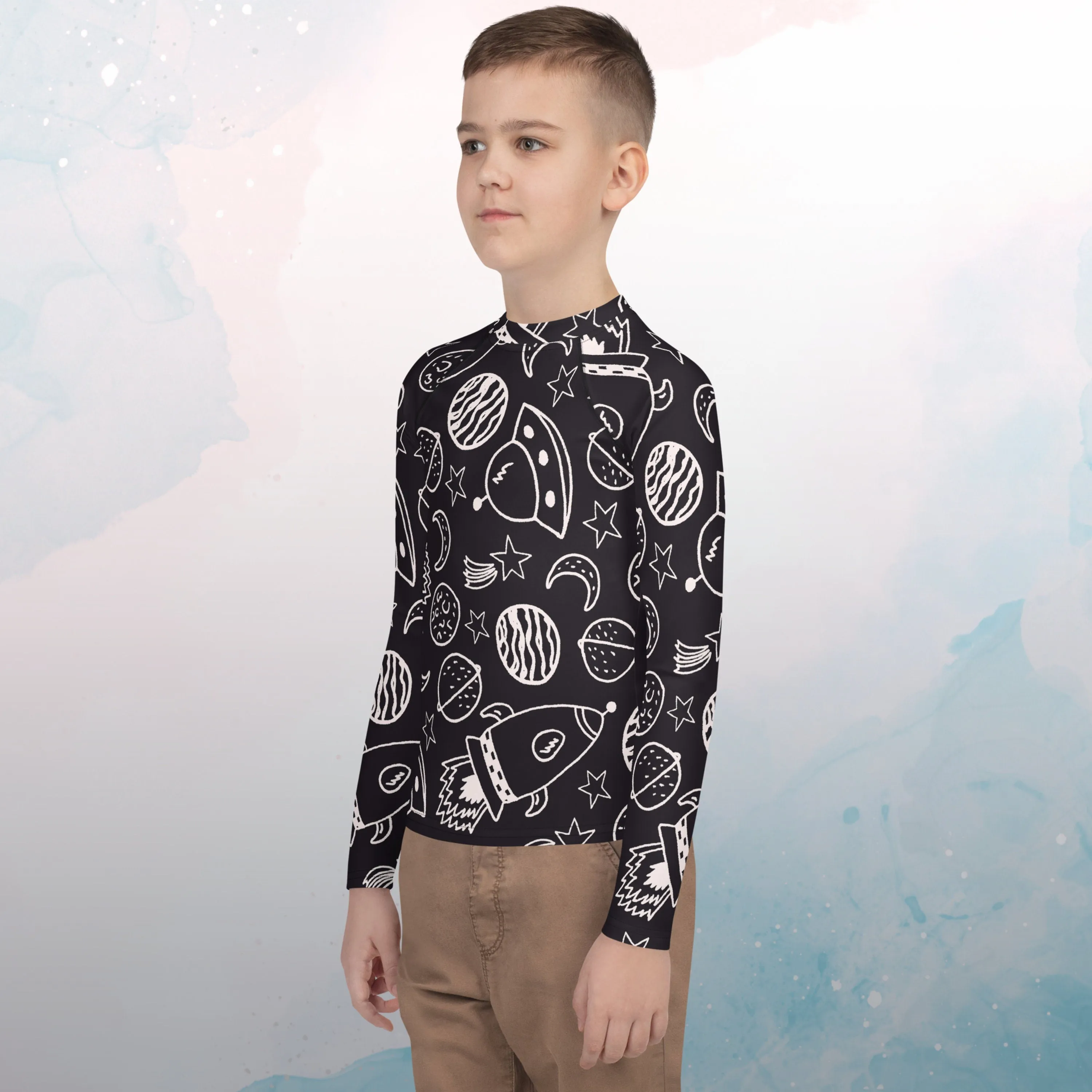 Rockets and Planets Printed Youth Rash Guard