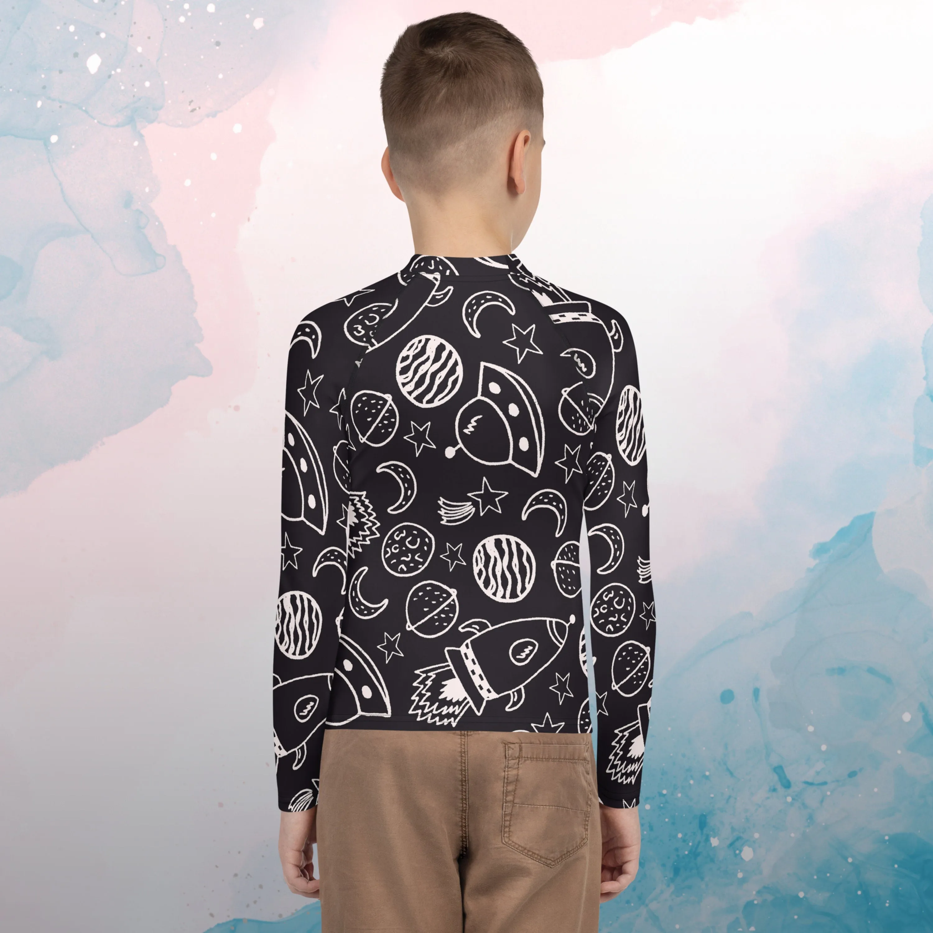 Rockets and Planets Printed Youth Rash Guard