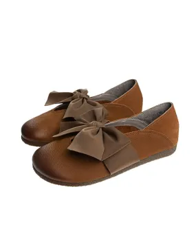 Round Head Bowknot Soft Leather Flat Shoes