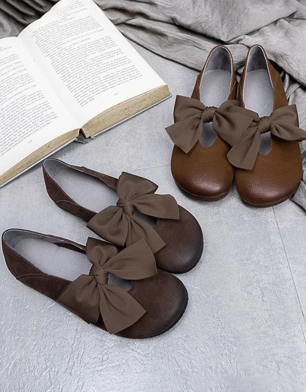 Round Head Bowknot Soft Leather Flat Shoes