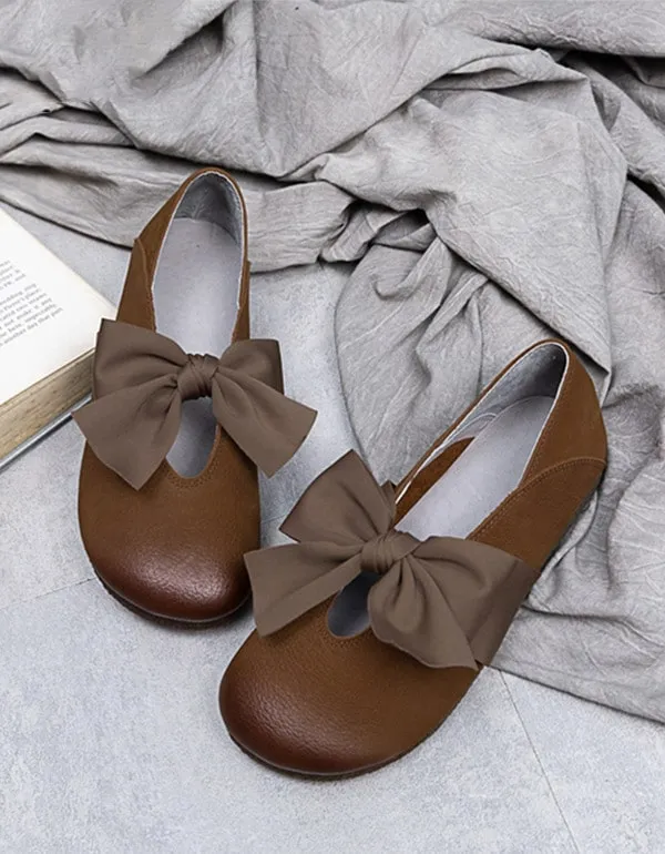 Round Head Bowknot Soft Leather Flat Shoes