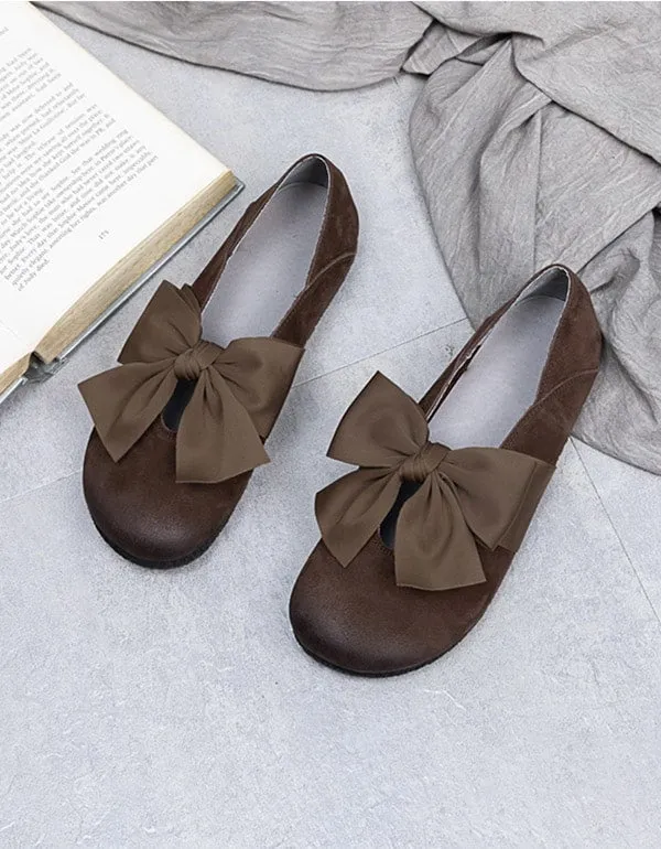 Round Head Bowknot Soft Leather Flat Shoes