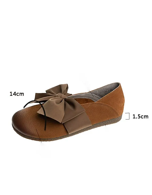 Round Head Bowknot Soft Leather Flat Shoes