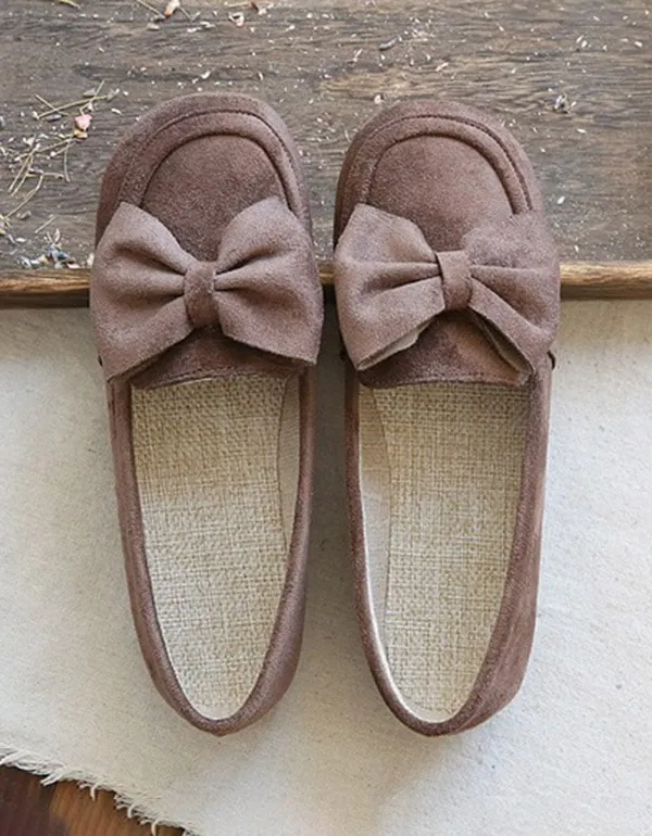 Round Head Bowknot Soft Suede Flat Shoes