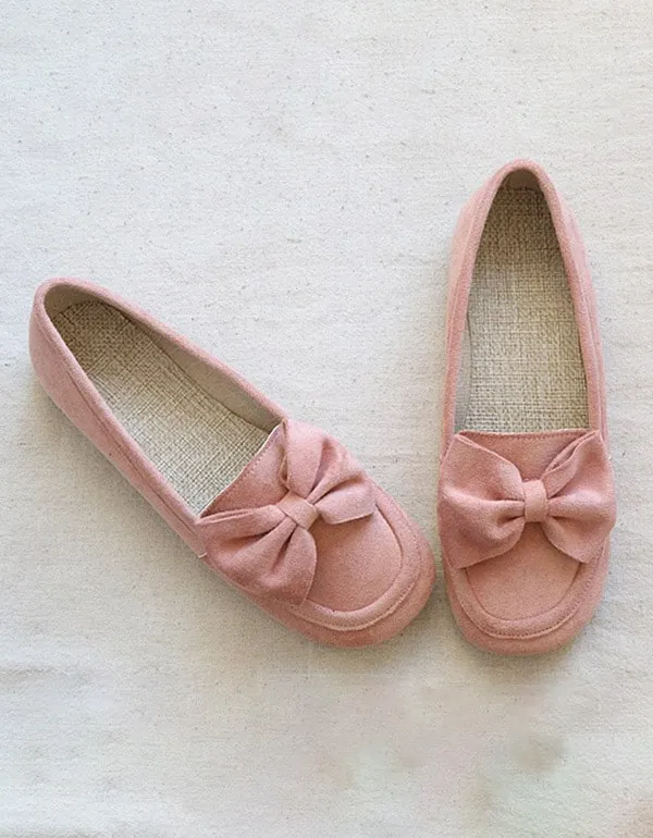 Round Head Bowknot Soft Suede Flat Shoes