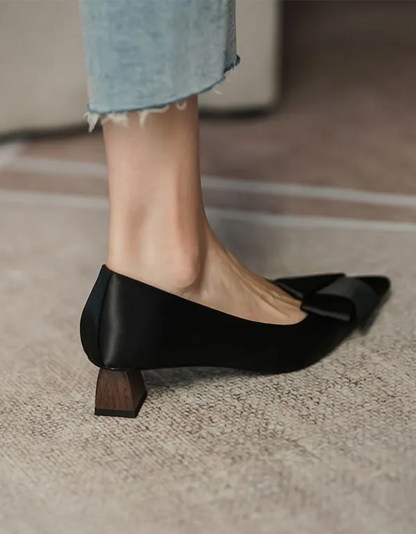 Silk Pointed Toe Bowknot Mid-Heels Elegant Shoes