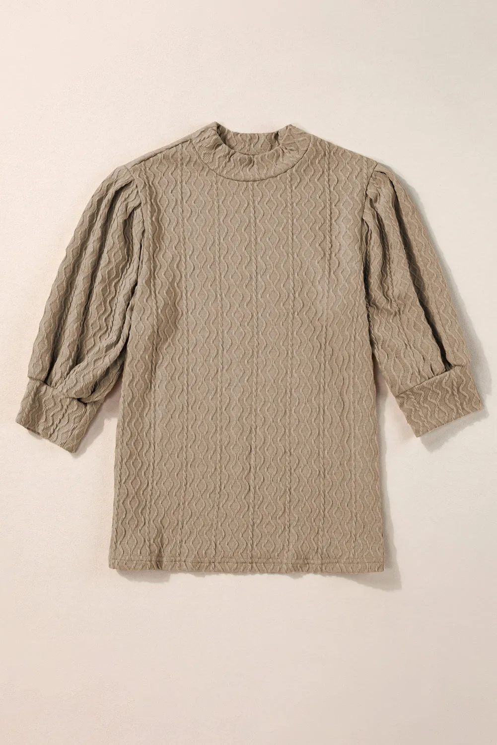 Simply Taupe Vintage Textured Puff Sleeve Mock Neck Top