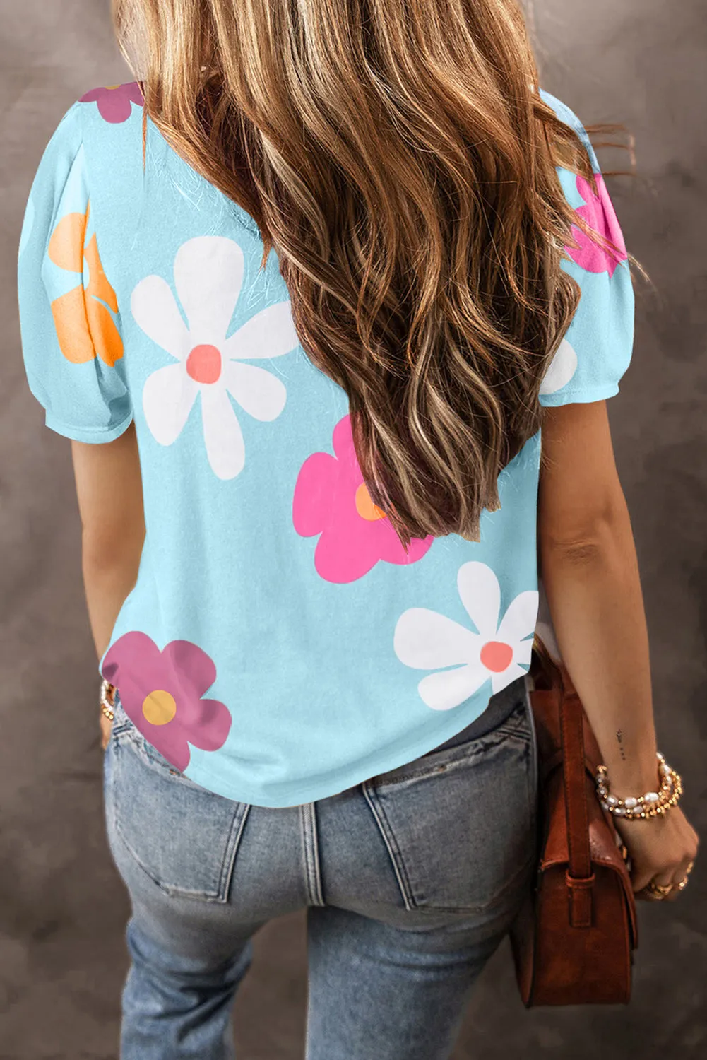 Sky Blue Flower Print Bubble Sleeve Tee