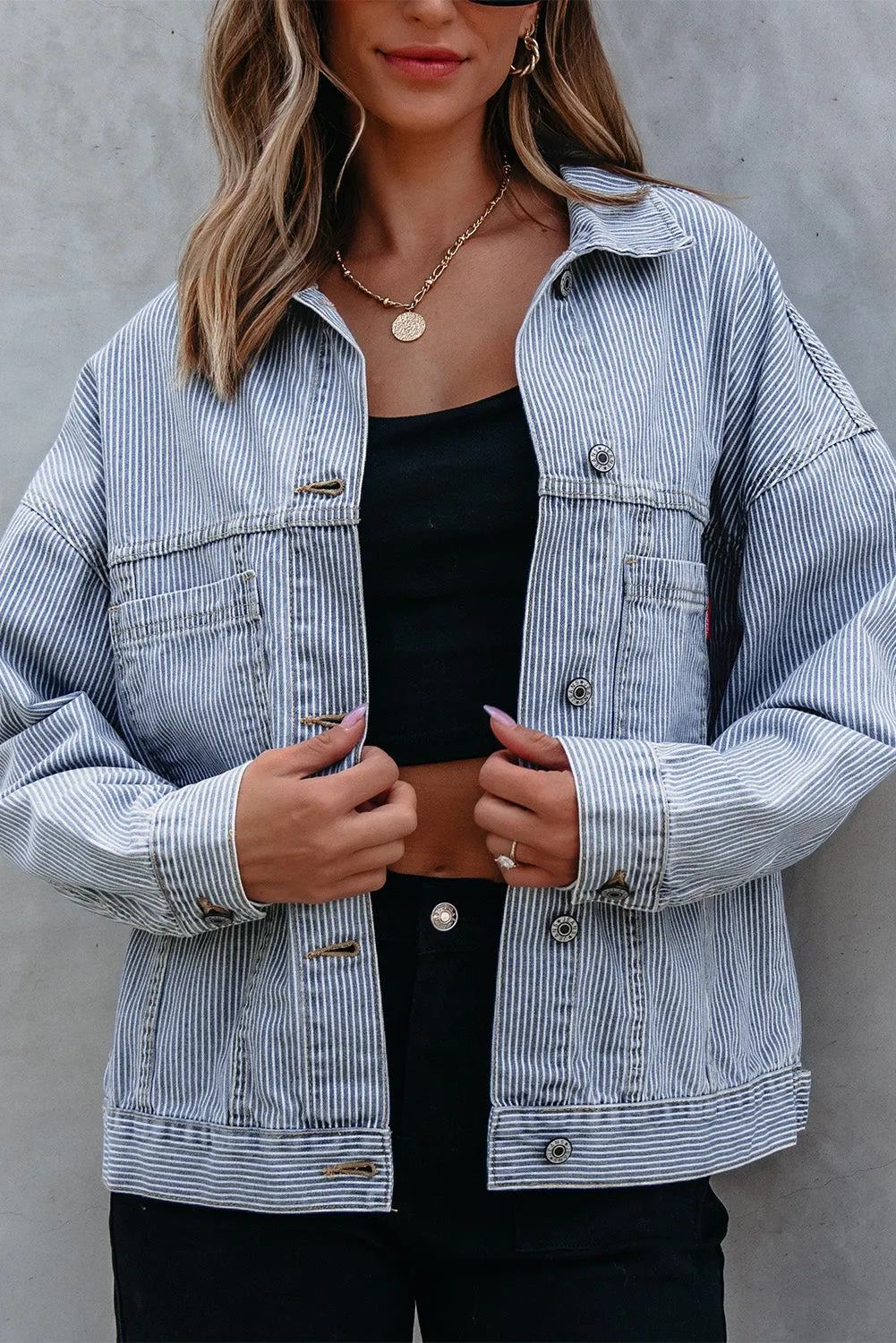 Sky Blue Stripe Washed Oversize Pocketed Denim Jacket