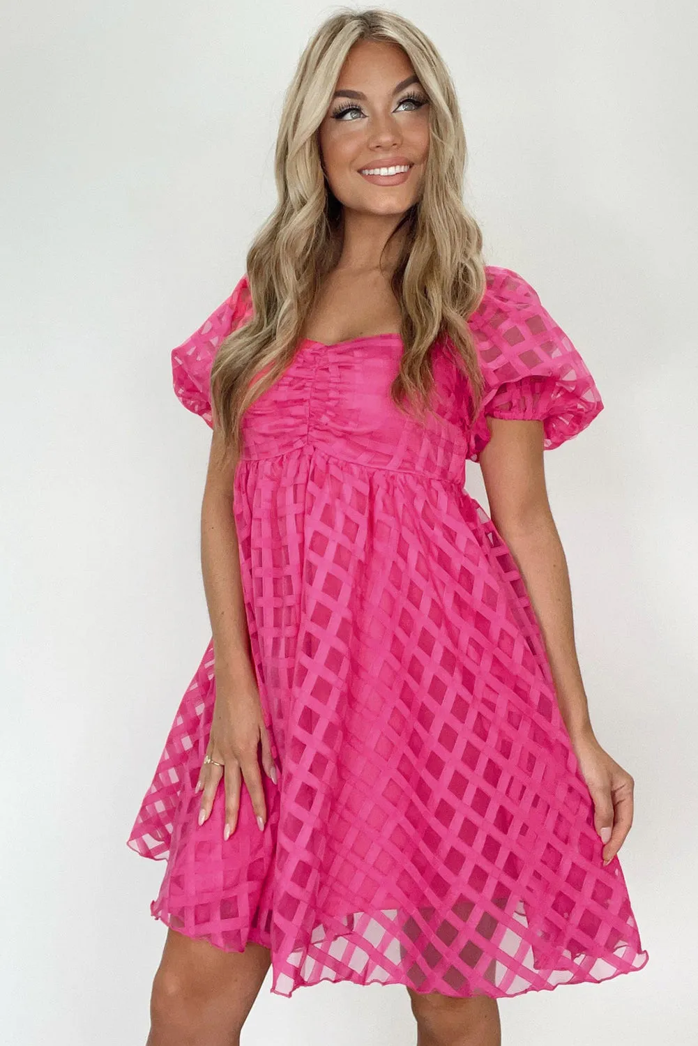 Strawberry Pink Checkered Puff Sleeve Babydoll Dress