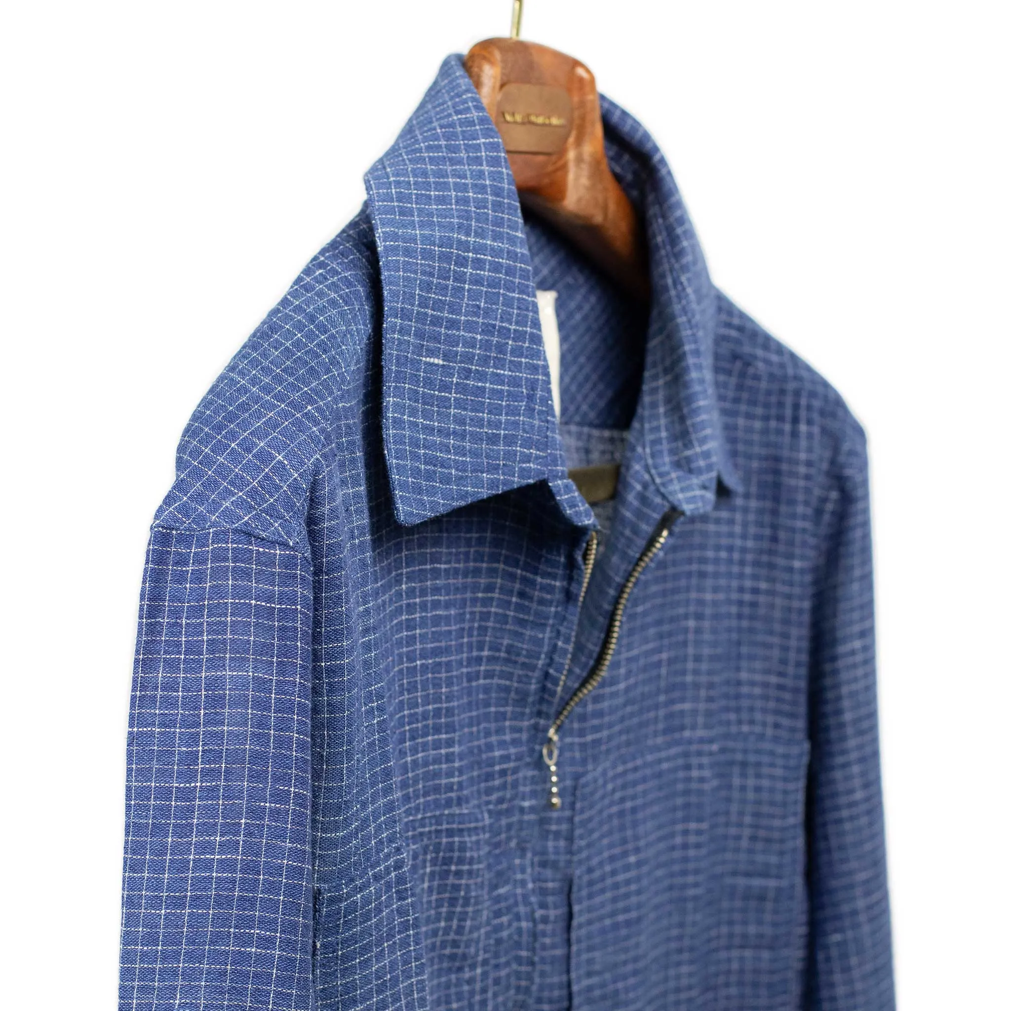 Vintage popover zip shirt in indigo-dyed Kala cotton with plaid check