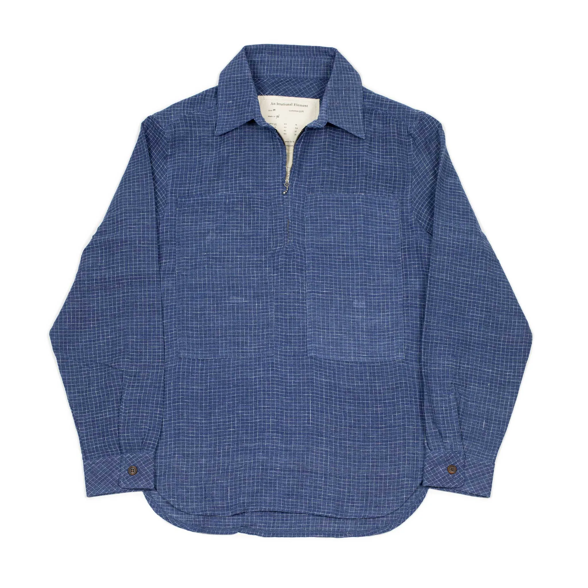 Vintage popover zip shirt in indigo-dyed Kala cotton with plaid check